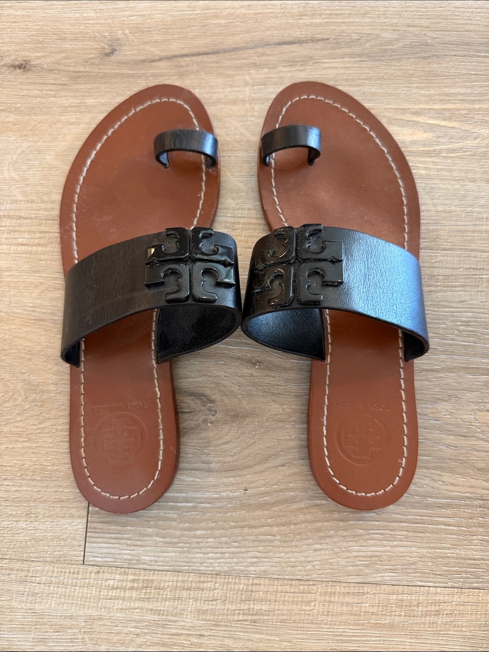 Tory Burch Black Leather Toe-Loop Slide Sandals